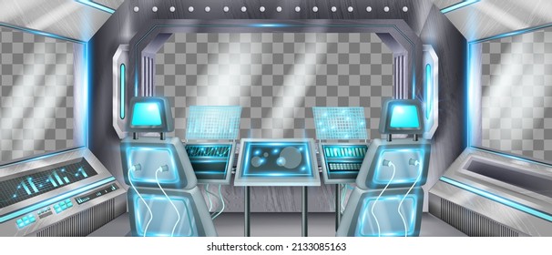 Spaceship cockpit vector background, space shuttle futuristic interior, rocket crew cabin view, window. Astronaut pilot chair, control panel neon lamps, transparent background. Spaceship cockpit game