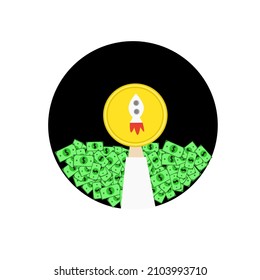The spaceship coin. crypto currency concept. profitable currency symbol. 