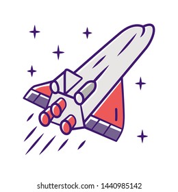Spaceship color icon. Flying spacecraft. Aerospace vehicle. Missile, aircraft. Human spaceflight. Space exploration. Interplanetary travel. Interstellar space ship. Isolated vector illustration