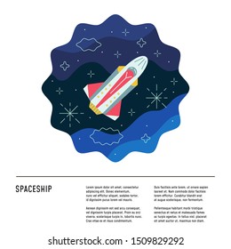 Spaceship. Colorful cosmic illustration in vector. Design layout concept. Banner template with text. Discovery of planets and space research.