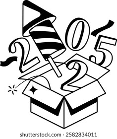 spaceship coming from cardboard vector icon design, 2025 welcome sign, festive holiday season symbol new year party decor stock illustration, Rocket Launching from Box with Twenty Twenty Five concept