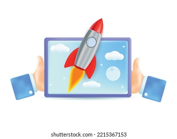 Spaceship concept display on tab device 3D vector illustration