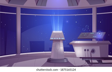 Spaceship control center, captain cabin interior with datacenter hud panel and large windows cosmos view. Futuristic alien orlop, cockpit in spacecraft, interstellar rocket Cartoon vector illustration