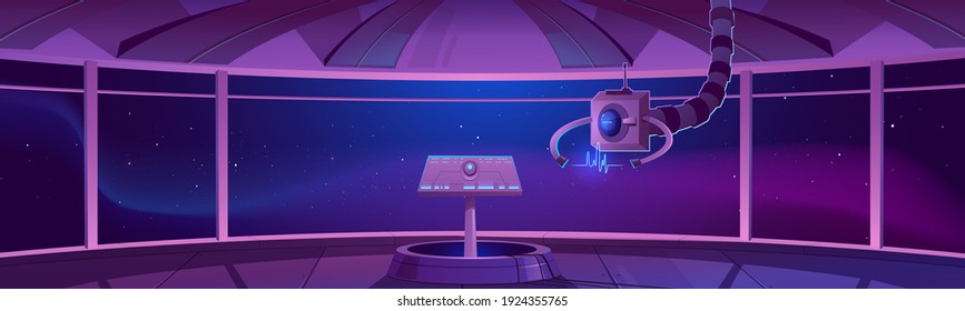 Raumkontrollzentrum, Kabinenkabinenkabinenzimmer mit Kabelbildschirm im Rechenzentrum und große Fenster mit Kosmos-Blick. Futuristische Alienorlop, Cockpit in Raumfahrzeugen, Interstellare Rakete Cartoon Vektorgrafik