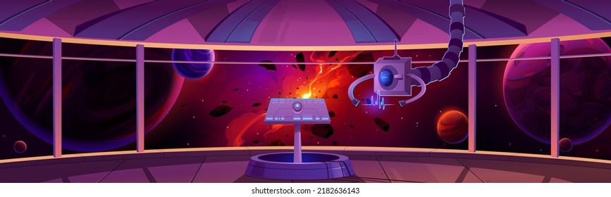 Inneneinrichtung des Raumschiff-Kontrollzentrums, Kapitän-Kabine mit Datencenter-Kopfteil und große Fenster mit Blick auf explodierter Planet oder Stern im Kosmos. Futuristisches Raumfahrzeug-Cockpit, Cartoon-Vektorgrafik