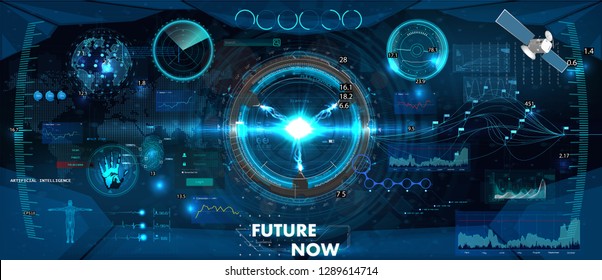 Spaceship control panel dashboard in HUD style. Futuristic VR Head-up display design.  View from the cockpit spacecraft, Sci-Fi, VR, Helmet HUD. Gui elements, technology display design.