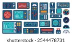 Spaceship control panel. Dashboard interface gauges, digital meters, retro futuristic sliders, console knobs and switches. Complex technology space station system UI vector set.