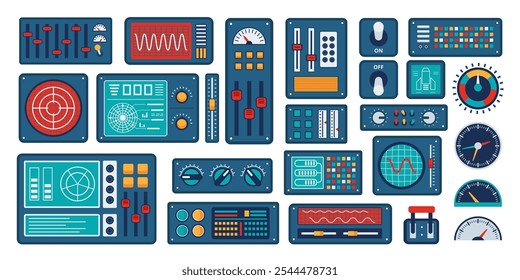 Panel de control de la nave espacial. Medidores de interfaz de salpicadero, medidores digitales, controles deslizantes futuristas retro, perillas de consola e interruptores. Conjunto de Vectores de interfaz de usuario del sistema de estación espacial de tecnología compleja.