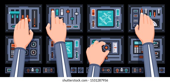 Spaceship control panel with hands of pilots. Spacecraft dashboard with with many control elements. Vector illustration.