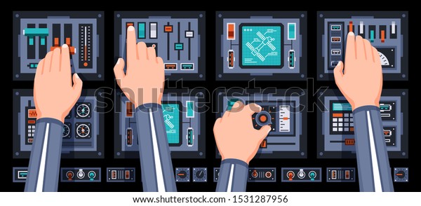 Spaceship\
control panel with hands of pilots. Spacecraft dashboard with with\
many control elements. Vector\
illustration.