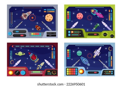 Spaceship control panels cartoon illustrations set. Futuristic interface or display of dashboard in spacecraft cabin, rockets flying and fighting in sky. Space, galaxy concept for games or comic books