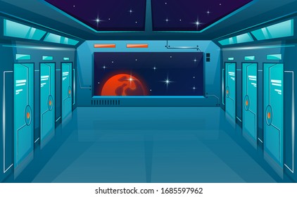 Spaceship corridor with closed doors and big window or viewport. Vector cartoon background futuristic interior room. Space outside. Cosmos vector game