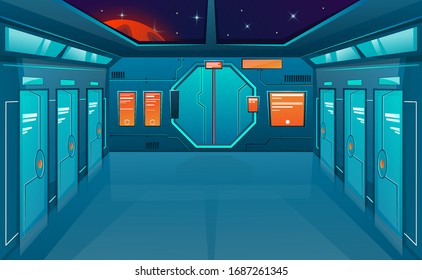 Spaceship corridor with closed doors. Vector cartoon background futuristic interior room. Space outside. Cosmos vector game