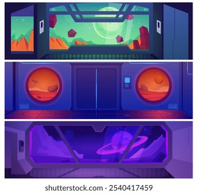 Spaceship corridor interior. Alien shuttle. Set of futuristic gaming horizontal backgrounds. Panoramic windows. Landscape of extraterrestrial civilizations. Galaxy. Cartoon style. Vector illustration.