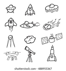 Spaceship and cosmos cartoon drawing vector set