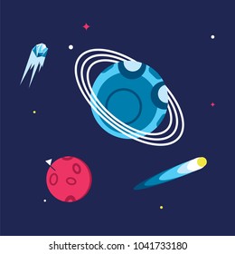 Spaceship in cosmos scene. Stock vector illustration of a futurisric space ship flying among stars alongside a planet, comet and asteroid. Flat style. Space travel and exploration.