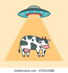 Spaceship, cow, abduction ufo. Vector illustration