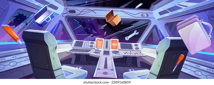 Spaceship crash in night sky. Vector cartoon illustration of space shuttle interior during accident, broken windshield, pieces of glass flying inside cockpit, error message on dashboard computer