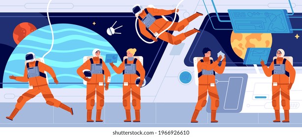 Spaceship crew. Ship station interior, spacecraft cabin dashboard and engineer. Interstellar woman astronaut or cosmonaut utter vector concept