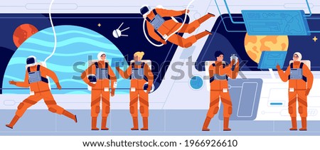 Spaceship crew. Ship station interior, spacecraft cabin dashboard and engineer. Interstellar woman astronaut or cosmonaut utter vector concept