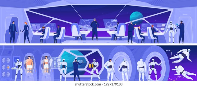 Spaceship crew. The space research team is in space. Fantastic interstellar missions. Vector illustration in cartoon style