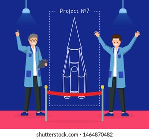 Spaceship design project vector illustration. Cheerful engineers presenting space rocket draft cartoon characters. Space exploration experts, researchers  showing experimental spacecraft