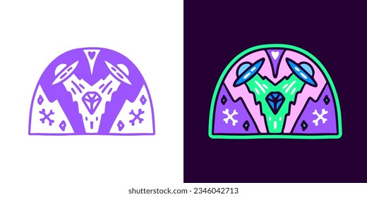 Spaceship and diamond, illustration for logo, t-shirt, sticker, or apparel merchandise. With doodle, retro, groovy, and cartoon style.