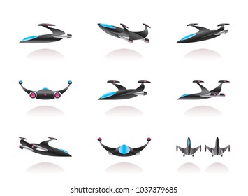 Spaceship in different perspective - vector illustration