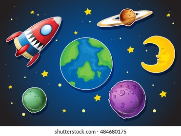 Spaceship and different planets in galaxy illustration