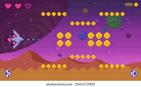 Una nave espacial esquiva y dispara en el cielo estrellado de un planeta alienígena, recolectando monedas y acumulando puntos. Ideal para juegos, temas retro, amantes del pixel art, aventuras espaciales y ciencia ficción