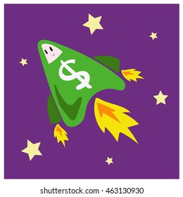 Spaceship with dollar sign is going up on the sky