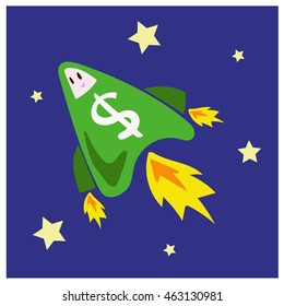Spaceship with dollar sign is going up on the sky