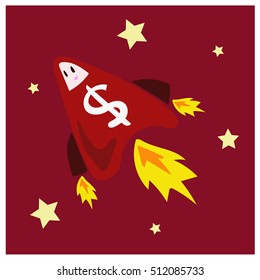 Spaceship with dollar sign is going up on the sky