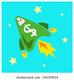 Spaceship with dollar sign is going up on the sky
