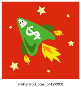 Spaceship with dollar sign is going up on the sky