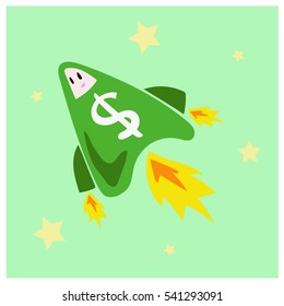 Spaceship with dollar sign is going up on the sky