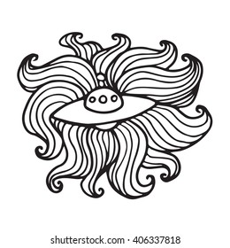 Spaceship doodle illustration. Vector cartoon image about space trip. Outline black and white version.