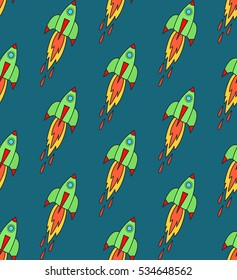 Spaceship drawing doodle hand drawn colorful cute seamless vector pattern
