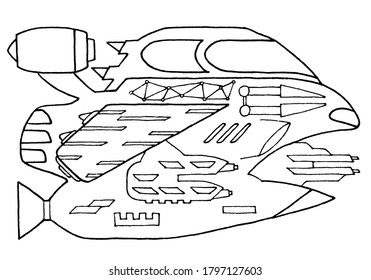 Raumschiff von Hand im Doodle-Stil. Färben für Kinder.