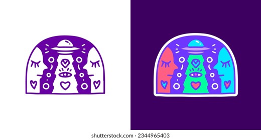 Spaceship, eye, diamond, and love symbol, illustration for t-shirt, sticker, or apparel merchandise. With doodle, retro, groovy, and cartoon style.