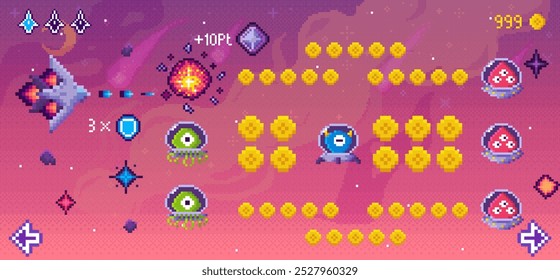 A spaceship firing at alien creatures with pixel graphics. Alien and coin sprites fill a vibrant setting with cosmic objects and score indicators. Ideal for retro games, alien invasion, space