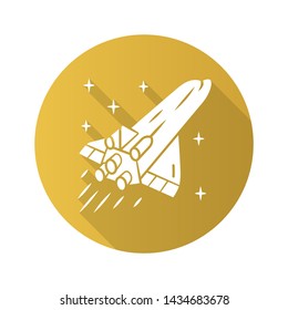 Spaceship flat design long shadow glyph icon. Flying spacecraft. Aerospace vehicle. Missile, aircraft. Human spaceflight. Space exploration. Interplanetary travel. Vector silhouette illustration