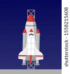 Spaceship flat vector illustration. Cosmic aircraft on blue background. Extraterrestrial transport design idea. Universe exploration rocket clipart drawing. Shuttle launch countdown