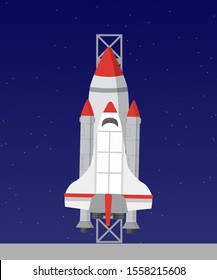 Spaceship flat vector illustration. Cosmic aircraft on blue background. Extraterrestrial transport design idea. Universe exploration rocket clipart drawing. Shuttle launch countdown