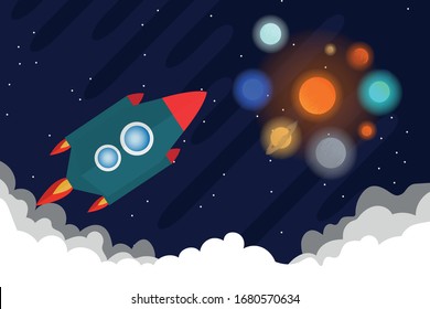 Spaceship flies into space. The concept of interstellar travel. Vector