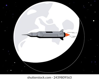 Spaceship flies on the background of the moon. Spacecraft launched in outer space. Rocket in universe travel. Shuttle flying black cosmos, discovers galaxies, explores stars. Flat vector illustration