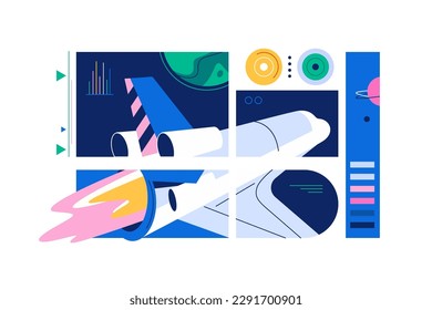 La nave espacial vuela en el espacio ultraterrestre, ilustración vectorial. Resumen de la nave espacial con elementos infográficos