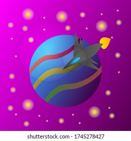 spaceship flies over a lonely planet against the background of the night sky and bright shining stars, enchanting open space wallpaper for design.