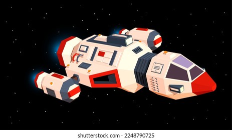 Spaceship flies in space. 3d Fantastic space shuttle front view. Vector illustration