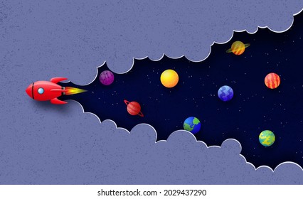 Spaceship flies in space among clouds, stars and planets. Space background in paper cut style. Vector illustration.